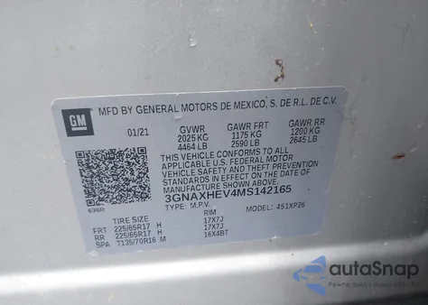 2021 Chevrolet Equinox Fwd Ls z USA, uszkodzony, nr VIN 3GNAXHEV4MS142165
